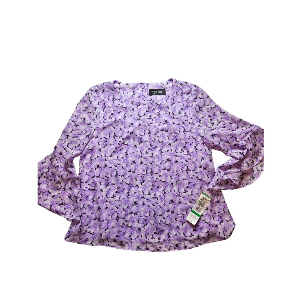 Black Label by Evan-Picone Purple Floral Ruffle Bell Sleeve Blouse NWT Large